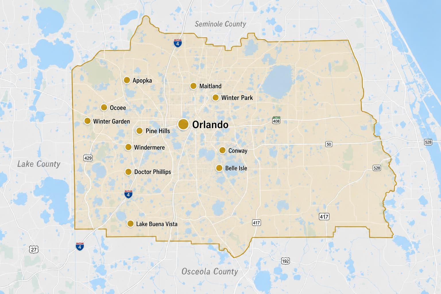 Map of the Luxe Flush Orange County, FL service area highlighting Orlando, Winter Park, Apopka, Ocoee, Winter Garden, Maitland, Windermere, Doctor Phillips, Pine Hills, Conway, Belle Isle, and Lake Buena Vista